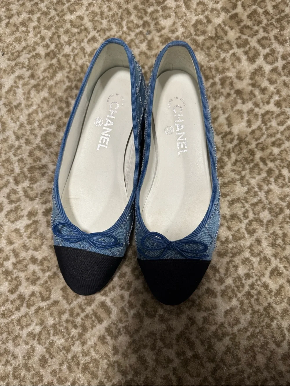 CHANEL Blue Denim and Black Cap-Toe Bow Flats